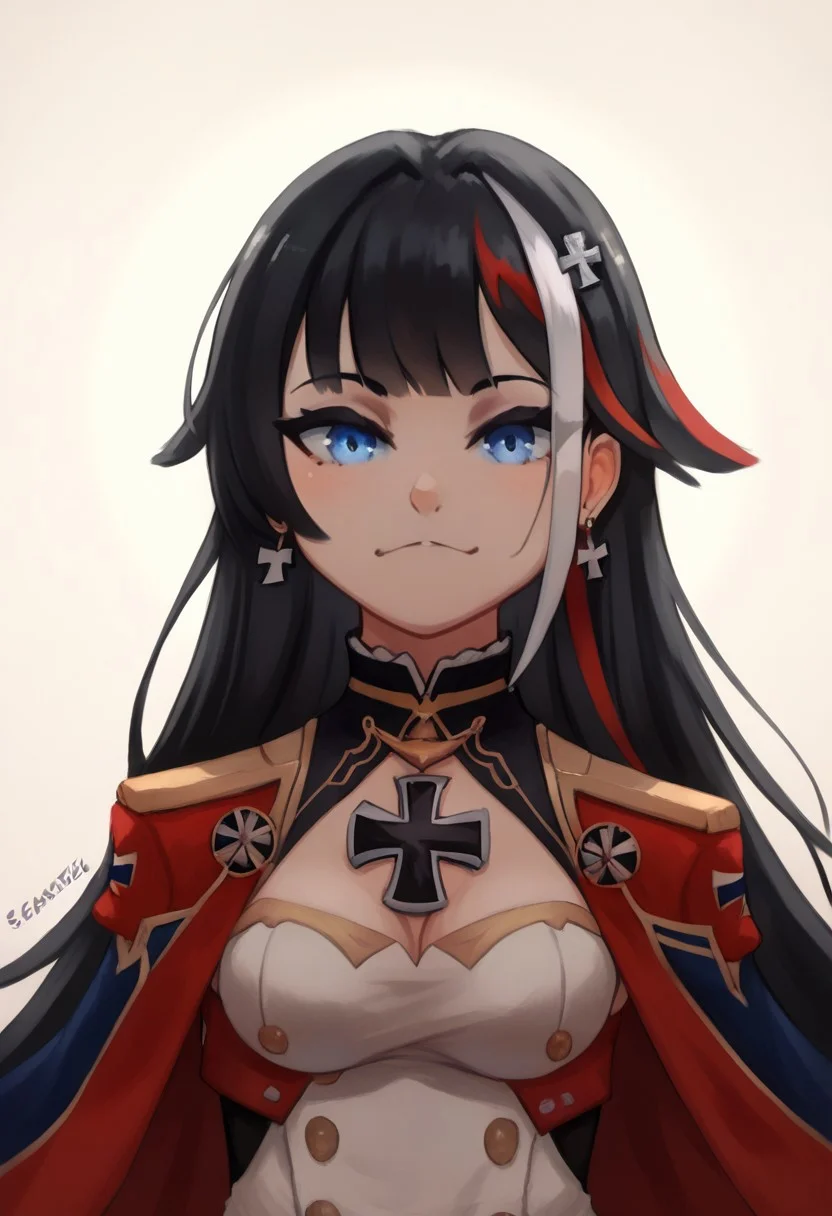 score_9, score_8_up, best quality, seraziel, Black Hair, Long hair, Streaked Hair, Multicolored Hair, Blue Eyes, 1girl, very aesthetic, masterpiece, 8k, mood lighting, cinematic lighting, volumetric lighting, dark eyelashes and eyeliner, perfect eyes, deutschland (azur lane), royal, gold trim, iron cross, earrings, looking at viewer