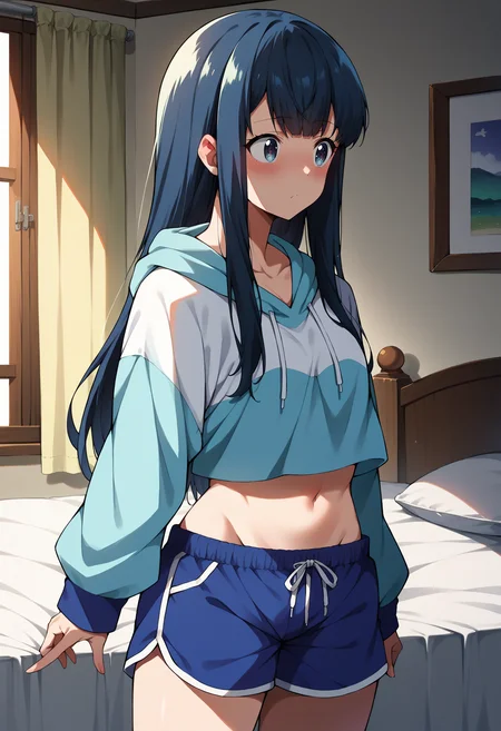 score_9, score_8_up, source_anime, 1girl, solo, SuzuneInukami, long hair, sidelocks, crop top overhang, loose clothes, oversized clothes, hoodie, long sleeves, midriff, dolphin shorts, indoors, bedroom, blush, <lora:ChamSuzuneInukamiPonyXL:1>