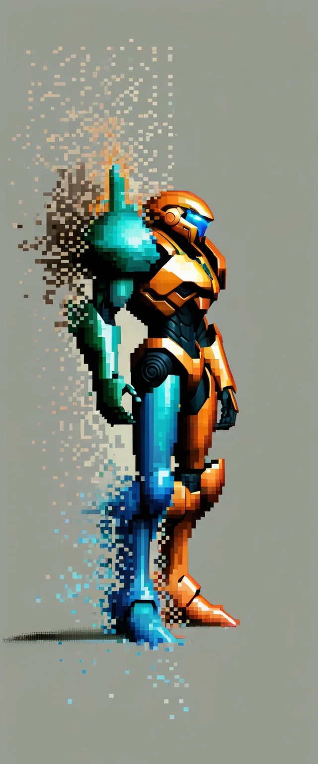 <lora:Aether_Pixel_v1_SDXL_LoRA:1> profile of metroid prime dissolving into pixels in the wind