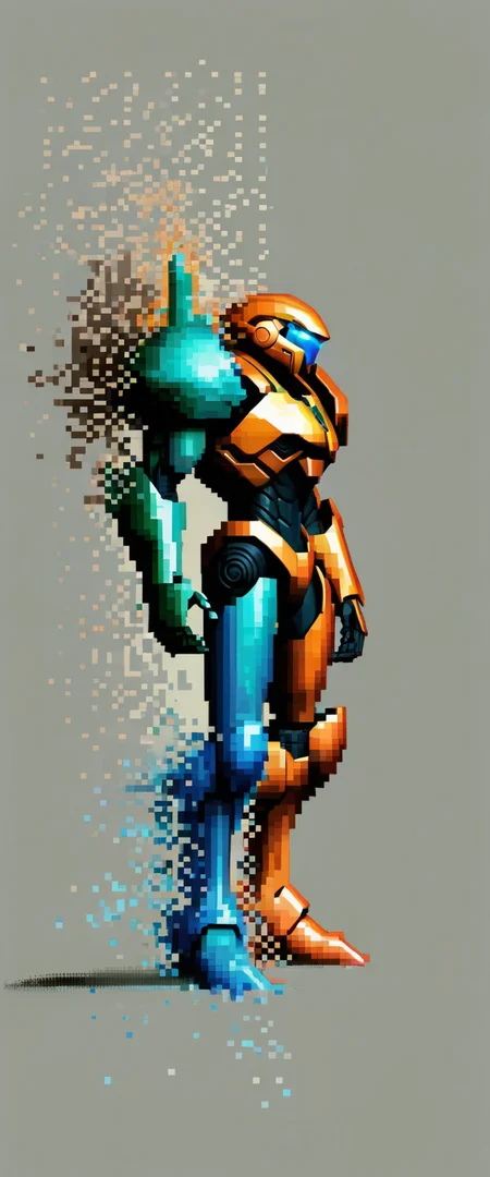 <lora:Aether_Pixel_v1_SDXL_LoRA:1> profile of metroid prime dissolving into pixels in the wind