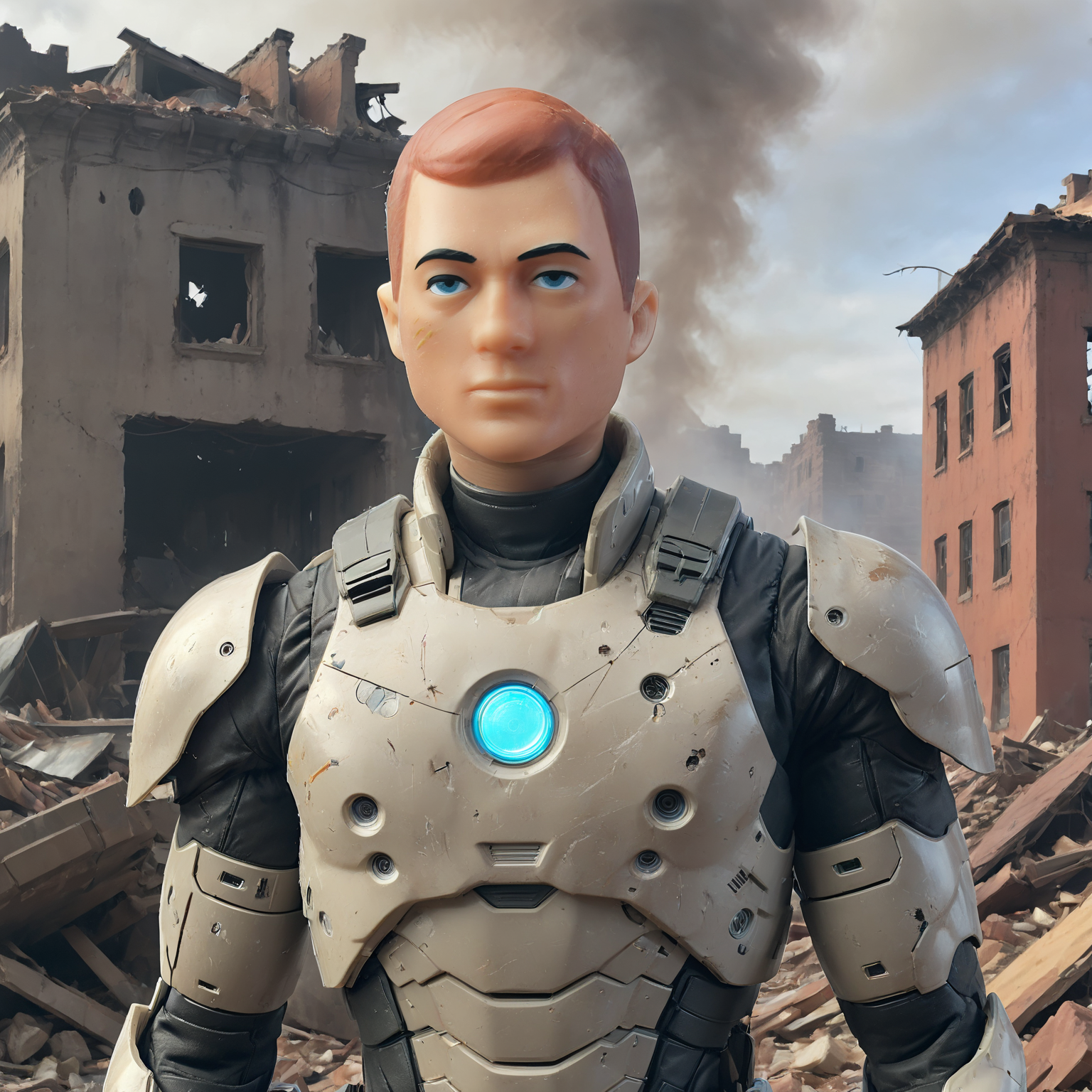 cinematic, full body shot, <lora:GI_Joe_Red:1> joe  In a post-apocalyptic future, the remnants of humanity cling to survival amidst the ruins of a world once thriving. As a lone G.I. Joe soldier dons an advanced armored suit, he's tasked with rebuilding civilization and taking down the remnant AI forces that seek to keep mankind in servitude. With enhanced abilities and state-of-the-art technology at his disposal, this futuristic superhero will face formidable foes as he fights for freedom across a dystopian landscape filled with danger and intrigue. <lora:Dark_Novel:0.7>