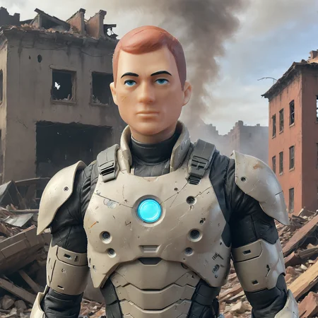 cinematic, full body shot, <lora:GI_Joe_Red:1> joe In a post-apocalyptic future, the remnants of humanity cling to survival amidst the ruins of a world once thriving. As a lone G.I. Joe soldier dons an advanced armored suit, he's tasked with rebuilding civilization and taking down the remnant AI forces that seek to keep mankind in servitude. With enhanced abilities and state-of-the-art technology at his disposal, this futuristic superhero will face formidable foes as he fights for freedom across a dystopian landscape filled with danger and intrigue. <lora:Dark_Novel:0.7>