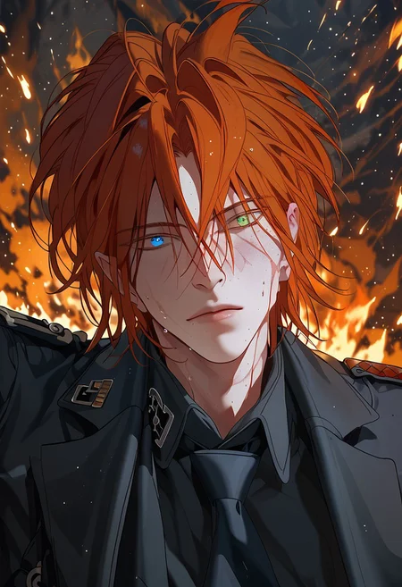 score_9, score_8_up, score_7_up, score_6_up, source_anime, 2d, 1boy, handsome boy, athletic body, manly boy, toned body, toned, male focus, solo, sweat, <lora:Chaos__Hero_Killer__Manhwa__webtoon:1>, Chaos, heterochromia, blue eye, green eye, auburn hair, medium hair, scars all over the body, closed lips, perface face, (perfect face, perfect eyes:1.2), looking at viewer, bishounen, toned male, solo, athletic build, large pectorals, abs, six pack, pecs, cute boy in his mid twenties, burning background,  <lora:warden-ponyxl-lora-nochekaiser_r1:1>, skull hat ornament, uniform, military uniform, black uniform, hat, cap, black cap, armband, collared shirt, black necktie, hand behind back, straight posture, swastikas armband