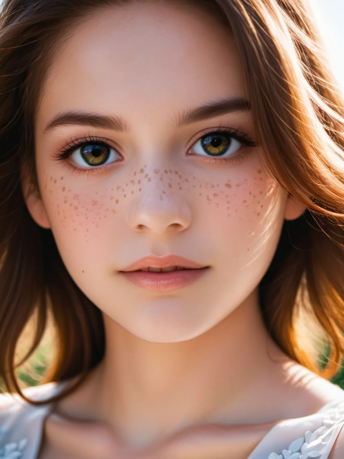 score_9, score_8_up, score_8, 1girl, 18 years old, close-up, long brown hair, with freckles, in the vineyard, in a linen pants and white sexy shirt, tailor clothes, hair of medium length, fluttering in the wind, against the backdrop of picturesque vineyards, at sunset, with elements of surrealism and abstraction, dynamic lighting, beautiful composition, sharp focus, high detailed face, smooth, digital illustration, symmetry, photorealistic portrait of a woman, closeup photo, dramatic lighting, cinematic scene, highly detailed, elegant, epic wide shot, smooth, intricate, elegant, canon 5D Mark IV, photography <lora:Pony_DetailV2.0:1> <lora:pony_better freckles:1.0>
