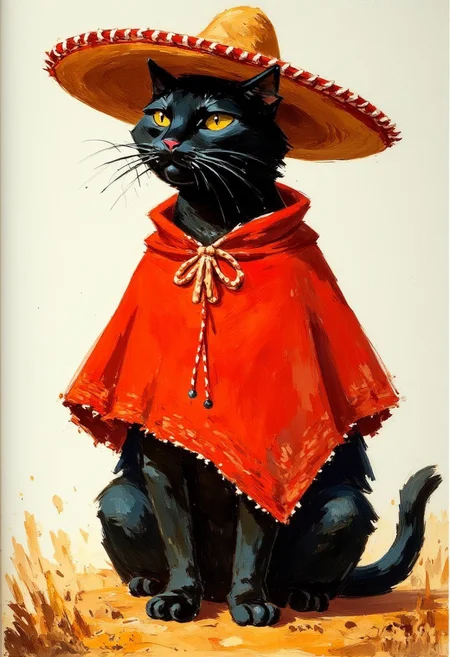 Oil painting by Frank Frazetta. An antrophomorphic black cat in a poncho and wearing a sombrero.