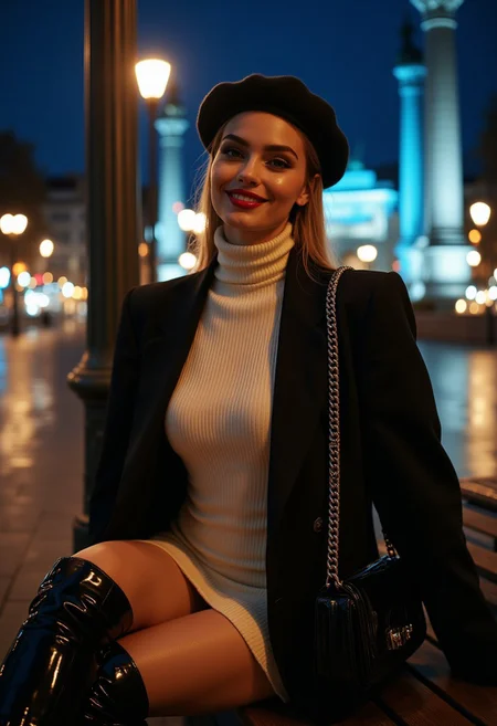 A fashionable model with pale, porcelain skin, with a bronde long slicked back hair, and glossy scarlet lipstick, she sitting on a street bench, elegantly crosses her legs, showcasing her glossy latex over knee boots. Perched gracefully atop her head is a chic beret, perched slightly askew for a touch of casual flair. She wearing a cream turtleneck dress, and oversized black blazer, luxuriously tailored, drapes nonchalantly over her shoulders, providing an effortlessly stylish contrast to the fitted dress, suggesting opulence and personality. She playfully smiles, her lips curved in a mischievous smile. her cheeks have a natural rosy glow. Slung over her shoulder is an elegant, shiny handbag, its metallic accents reflecting the glimmering night around her. The background is a moody blend of city night lights, lit by warm streetlights, with a bright blue and white streak from a bright light on city square. a large, ornate monument looms in the background, its silhouette dark against the lights. The scene is bathed in a cool, blue-tinted light, with soft shadows and a subtle film grain, capturing a sense of introspection and urban solitude. aidmaMJ6.1, Chiaroscuro Lighting Style