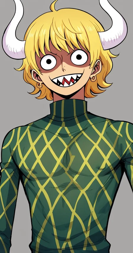 score_9, dellinger (one piece), 1boy, solo, male focus, blonde hair, green shirt, turtleneck, shirt, horns, sharp teeth, shaded face, twink, femboy, upper body,   <lora:Dellinger_One_Piece:1>