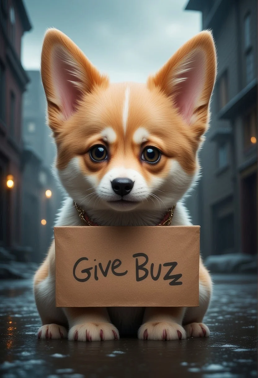 a very cute corgi puppy with watery eyes, lost in a small very village , This very cute little puppy holds a sign, with "Please Give Buzz" written on the sign, only one sign,
sad expression, perfect masterpiece, watery eyes, raining, puddle, mud,
<lora:Add_More_details_Flux:1>