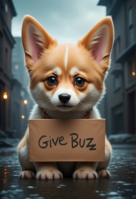 a very cute corgi puppy with watery eyes, lost in a small very village , This very cute little puppy holds a sign, with "Please Give Buzz" written on the sign, only one sign,
sad expression, perfect masterpiece, watery eyes, raining, puddle, mud,
<lora:Add_More_details_Flux:1>