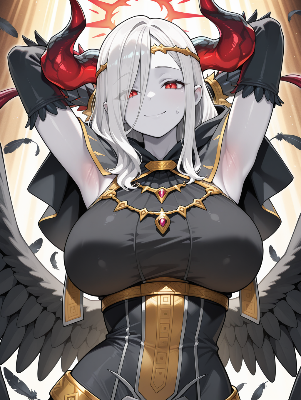 fallen angel,condemned darklord,1girl,solo,large breasts,smile,black feathers,arms behind back,looking at viewer,white skin,arms up,red halo,gold circlet,black gloves,black feathered wings,black dress,black capelet,sweatdrop,armpits,light rays,
masterpiece,best quality,amazing quality,very aesthetic,absurdres,newest,<lora:Condemned Darklord illuXL v1.1:0.75>,