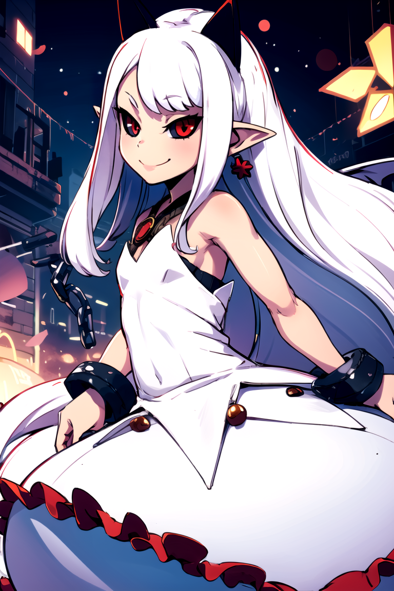 ((masterpiece,best quality)), absurdres,
<lora:Pram_Phantom_Kingdom_Anime_Dim32:0.8>, Pram_Phantom_Kingdom, 
1girl, solo, long white hair, horns, pointy ears, red eyes, black sclera, jewelry, dress, bubble skirt, earrings, chain, bat wings, albino, shackles, very long hair,
solo, smiling, looking at viewer, cowboy shot, side view, 
cinematic composition, dynamic pose,