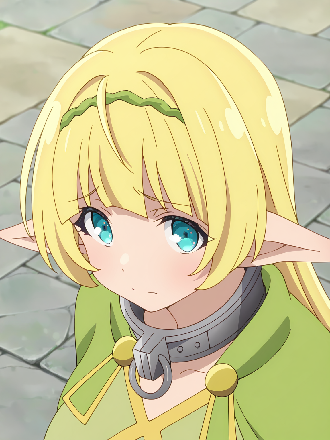 <lora:Shera:0.8>, shera l. greenwood, 1girl, solo, elf, long blonde hair, blue eyes, pointy ears, green hairband, metal collar, o-ring collar, green cape, worried, pleading eyes, closed mouth, raised inner eyebrows, standing, close-up, from above, looking at viewer, outdoors, stone floor