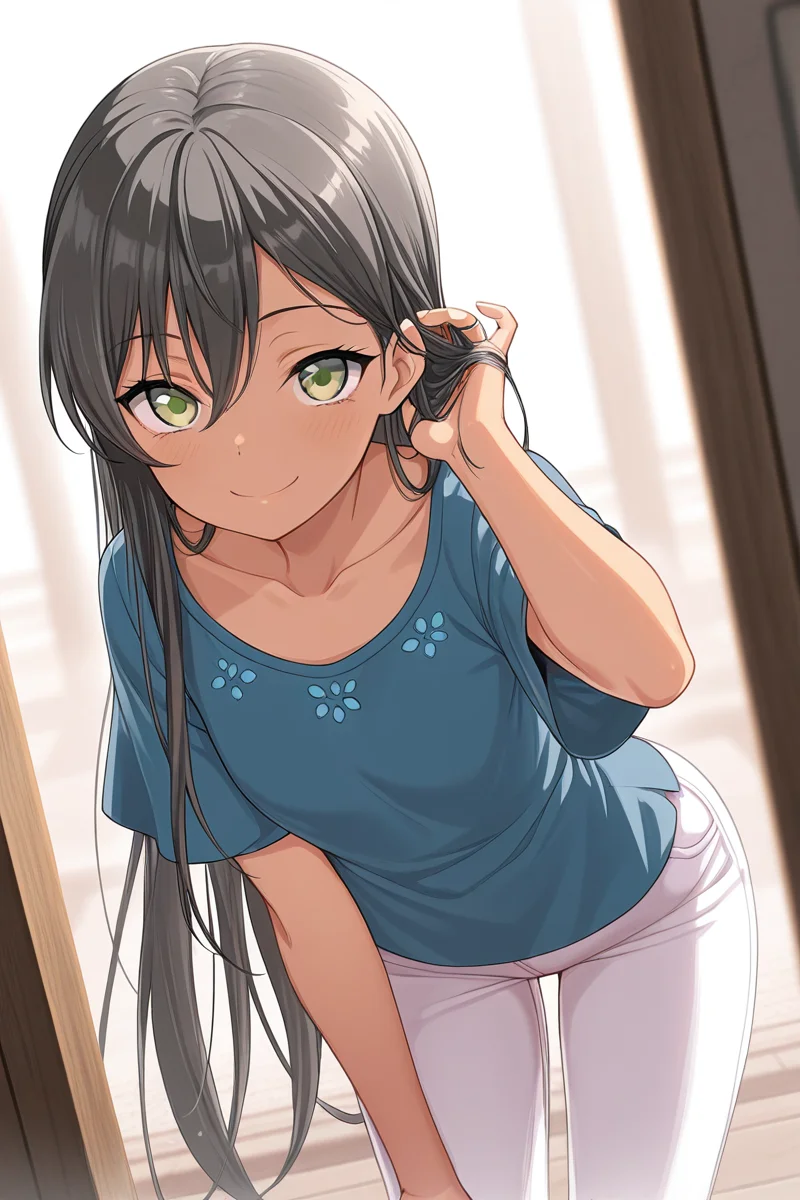 masterpiece, best quality, amazing quality,
<lora:Tae_IL:1> tae, 1girl, solo, long hair, green eyes, smile, blue shirt, black hair, looking at viewer, pants, hand in own hair, shirt, white pants, very long hair, leaning forward, short sleeves, collarbone, casual