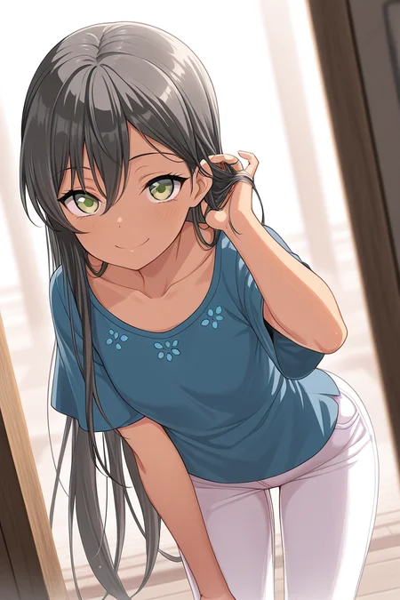 masterpiece, best quality, amazing quality,
 <lora:Tae_IL:1> tae, 1girl, solo, long hair, green eyes, smile, blue shirt, black hair, looking at viewer, pants, hand in own hair, shirt, white pants, very long hair, leaning forward, short sleeves, collarbone, casual