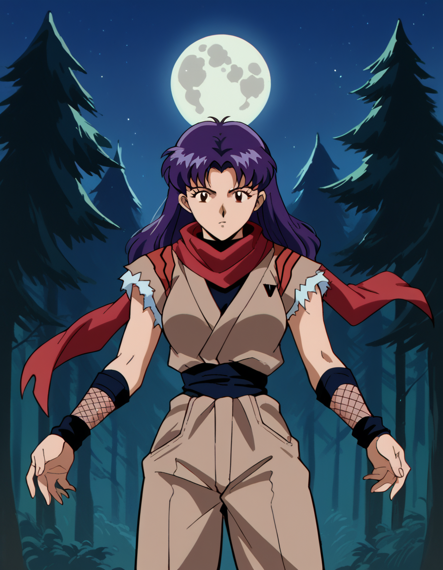 score_9, score_8_up, score_7_up, source_anime, <lora:misato-katsuragi-classic-ponyxl-lora-nochekaiser:1>, misato katsuragi, long hair, brown eyes, purple hair, parted bangs, medium breasts, <lora:ninja-ponyxl-lora-nochekaiser:1>, ninja, fishnets, scarf,, moon, night, forest, trees,, cowboy shot