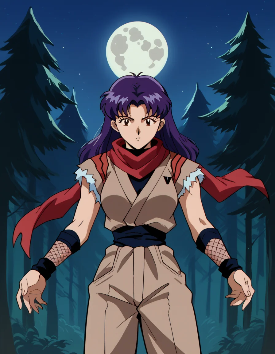 score_9, score_8_up, score_7_up, source_anime, <lora:misato-katsuragi-classic-ponyxl-lora-nochekaiser:1>, misato katsuragi, long hair, brown eyes, purple hair, parted bangs, medium breasts, <lora:ninja-ponyxl-lora-nochekaiser:1>, ninja, fishnets, scarf,, moon, night, forest, trees,, cowboy shot