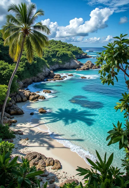 aidmaMJ6.1, photo of an idyllic tropical cove, azure sea, sandy beach, palm trees, rugged coastline