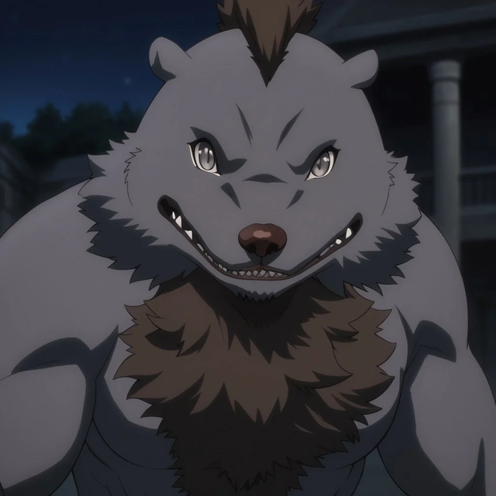 quagoa, anthro, furry, fur, male, solo, teeth, sharp teeth, no humans, closed mouth, normal expression, male focus, 1boy, looking at viewer, night, dark, grey fur, grey eyes, common quagoa, brown fur, building, structure, blurry background, masterpiece, ultra detailed, high quality, score_9, score_8_up, score_7_up, score_6_up