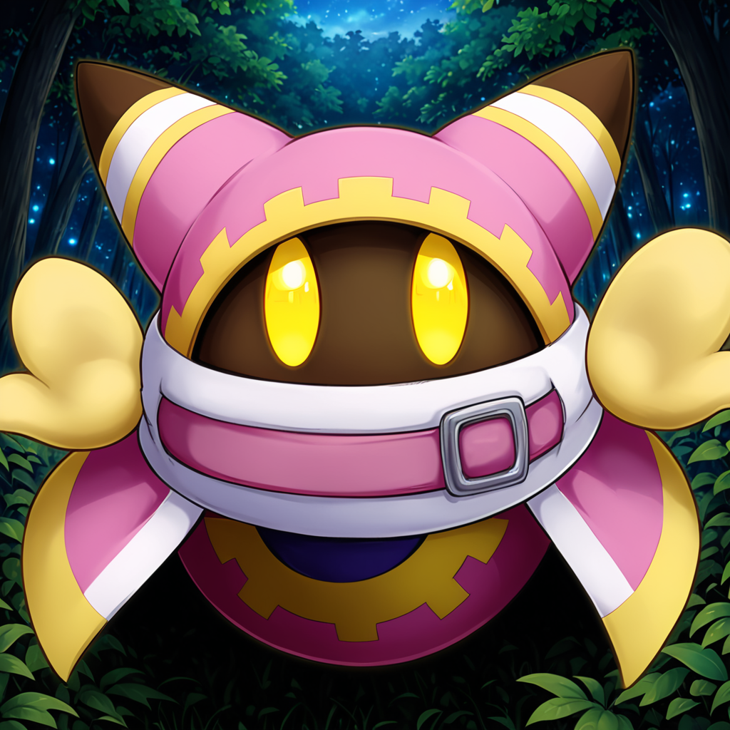 cute forest,  <lora:Magolor:1> magolor,  pink outfit, solo, yellow eyes, no humans,belt, cape, glowing eyes, looking at viewer, glowing, buckle, (anime, masterpiece, intricate:1.3), (best quality, hires textures, high detail:1.2), (4k),(incredibly detailed:1.4),UHD, 8K, ultra detailedâââ