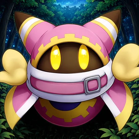 cute forest, <lora:Magolor:1> magolor, pink outfit, solo, yellow eyes, no humans,belt, cape, glowing eyes, looking at viewer, glowing, buckle, (anime, masterpiece, intricate:1.3), (best quality, hires textures, high detail:1.2), (4k),(incredibly detailed:1.4),UHD, 8K, ultra detailedâââ