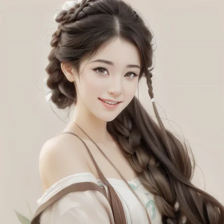 jinling,1girl, solo, braid, twin braids, realistic, brown eyes, smile, black hair, looking at viewer, bare shoulders, lips, long hair, brown hair, upper body, bangs, simple background, portrait<lora:jinlingsdxl-000005:1>