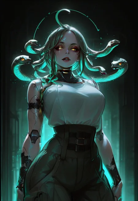 Rating_sfw, mature woman,dynamic pose, cyberwear, serpent themed , oversized clothes, cargo pants,  clear skin, ((cute face)), innocent face, pretty face, eyes, detailed eyes, long eyelashes, eyeliner, gorgon,glitching hair, ,(( single braid )) (ar-glitch holographic Snake hair, snake, snake_hair,)) , , eyes, glowing snake, charismatic, curvy, aesthetic, ((perfectly robotic hair, snake hair)), thick lips, full lips, skinny, (slim build), small waist, big breasts,, beautiful detailed face, small face, beautifully complex colored iris, ), enchanting, looking at the viewer,cyberpunk, cyberpunk, humanoid