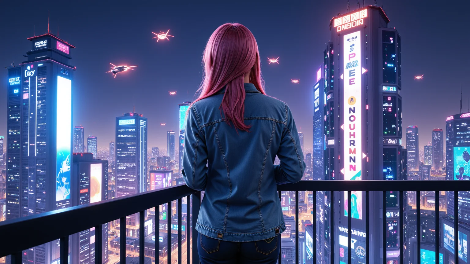 At night,A 20-year-old girl with long pink hair,wearing a distressed denim jacket and form-fitting denim pants,leans slightly on a high-rise balcony railing,observing the lively streets below. The skyline is dominated by high-tech skyscrapers adorned with neon lights,flying drones,and virtual advertisements. She is surrounded by a cool blue and purple glow from the city's countless electronic displays,and a soft wind makes her hair flutter. The feeling of a futuristic megacity pulsates around her.,<lora:kcyberpunk-01:0.6>,kcyberpunk,<lora:yuukananri-base-02-flux:0.8>,yuukananri,she has a slender physique and a petite build,