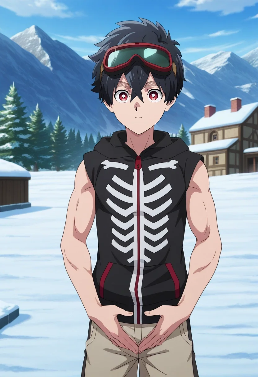 masterpiece, best quality, , anime screencap, , official style, , 1boy, solo, male focus, <lora:kabane_kusaka_ilxl:1>, kabane_kusaka, black hair, red eyes, short hair, hair between eyes, kusaka kabane, hoodie, mountain monastery, rocky shrines, snow-covered courtyards, serene halls, meditating pose, wise expression, dawn light, Pleated khaki shorts, Sleeveless muscle hoodie, , , andNight Vision Goggles