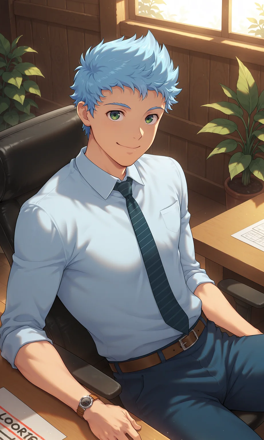 1boy, male focus, Lloyd, solo, looking at viewer, blue hair, closed mouth, smile, shirt, sleeves rolled up, blue pants, belt, wristwatch, necktie, shaded, sitting on a chair at the table, construction drawing on the table, office chair, wooden wall, office, indoors plant, indoors, (masterpiece:1.35), (very aesthetic, best quality:1.3), detailed shading, detailed skin, realistic shading, highly detailed, intricate details, masterful composition, cinematic lighting, close-up, <lora:Lloyd_XL_V10_ILL:1>