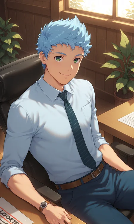 1boy, male focus, Lloyd, solo, looking at viewer, blue hair, closed mouth, smile, shirt, sleeves rolled up, blue pants, belt, wristwatch, necktie, shaded, sitting on a chair at the table, construction drawing on the table, office chair, wooden wall, office, indoors plant, indoors, (masterpiece:1.35), (very aesthetic, best quality:1.3), detailed shading, detailed skin, realistic shading, highly detailed, intricate details, masterful composition, cinematic lighting, close-up, <lora:Lloyd_XL_V10_ILL:1>