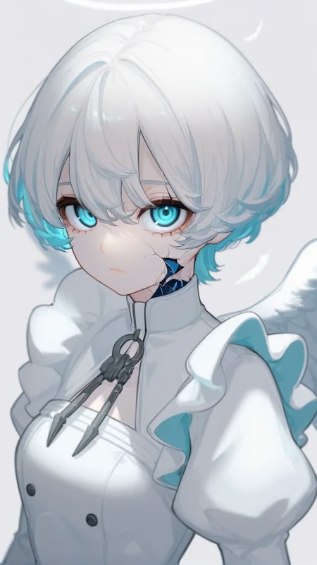 1girl, solo, looking_at_viewer, short_hair, bangs, blue_eyes, simple_background, long_sleeves, white_background, dress, hair_between_eyes, closed_mouth, blue_hair, upper_body, white_hair, multicolored_hair, frills, wings, puffy_sleeves, white_dress, expressionless, juliet_sleeves, feathered_wings, angel_wings, white_wings, crack, cracked_skin