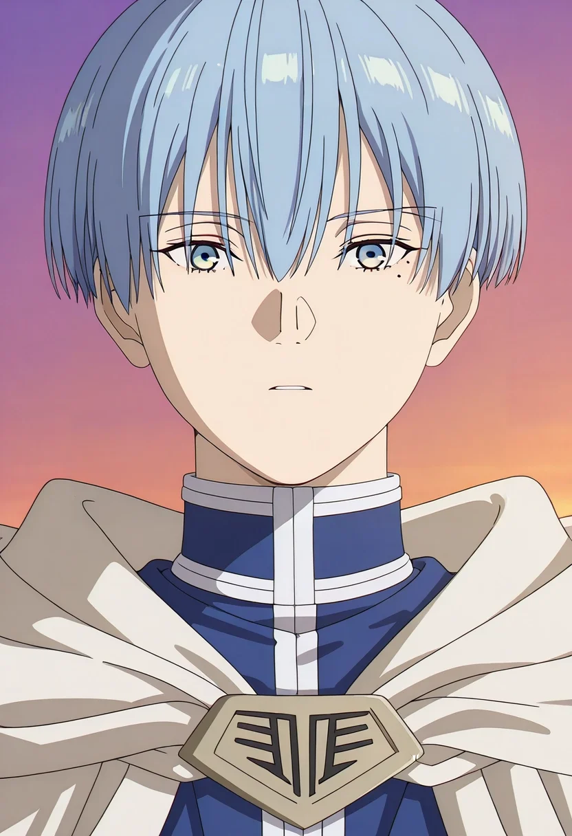 masterpiece, best quality, , anime screencap, , official style, looking at viewer, , 1boy, solo, male focus, <lora:himmel_sousou_no_frieren_ilxl:0.98>, himmel_sousou_no_frieren, blue hair, blue eyes, short hair, bangs, hair between eyes, mole under eye, , superman costume
