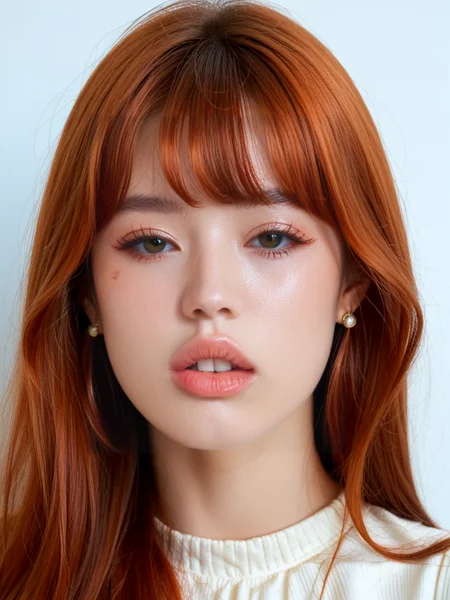 score_9, score_8_up, score_7_up, ladyburns, sideburns, 1girl, solo, (monolid:1.2), japanese, asian, korean, looking at viewer, bucktoothed, isolated, teefs44, parted lips, big teeth, jewelry, earrings, ((bangs)), long hair, ginger hair, bignoselady, large nose, aquiline, round face, (dimples:1.2), full lips, big lips, cupids bow, bow shaped lips, wide mouth <lora:Lady_Sideburns-000008:1>, <lora:Teefs-000007:.68>, <lora:Big_Nose_Ladies-000008:.8>