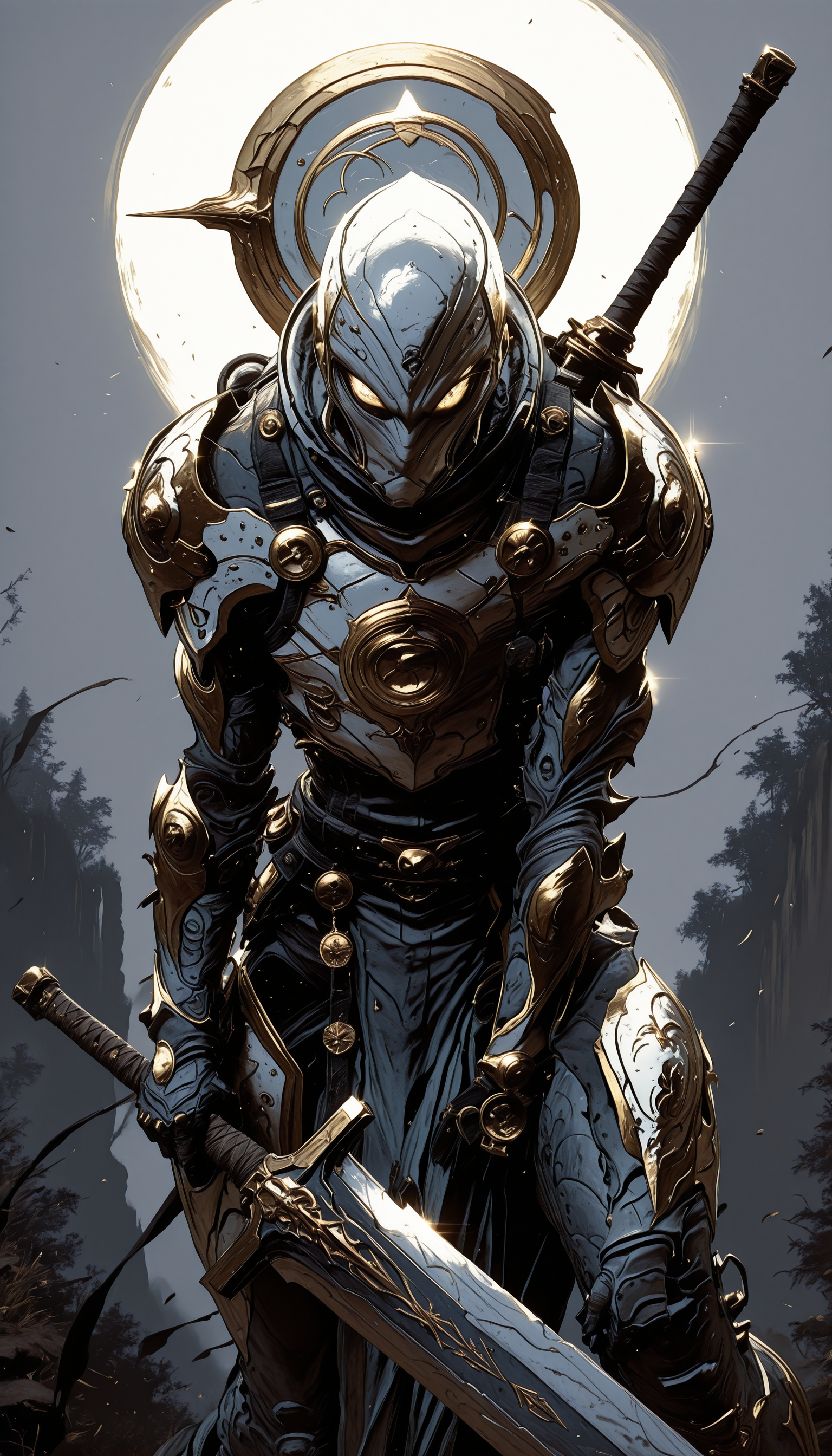 holding weapon, fighting stance, holding  buster sword,huge weapon,, WCG-Illu,, kaarea masterpiece, best quality, high quality, ultra-detailed, realistic,  traditional media, vivid_color, high contrast, speed lines, move_effects, action Create a detailed digital artwork of an armored figure, likely a superhero, set against a dark, smoky background. The armor is intricately designed with a combination of silver and gold hues, featuring ornate patterns and motifs. The helmet is sleek, with a white visor that obscures the eyes, adding an element of mystery. The figure's pose is assertive, with one arm extended forward, showcasing the armor's design. The overall style of the image leans towards a fantasy or historical theme, emphasizing the armored nature of the character. solo, looking_at_viewer, 1boy, standing, male_focus, grey_background, armor, helmet, shoulder_armor, gauntlets, pauldrons, breastplate, knight, full_armor,    holding weapon, fighting stance, holding  buster sword,huge weapon,, WCG-Illu,, kaarea