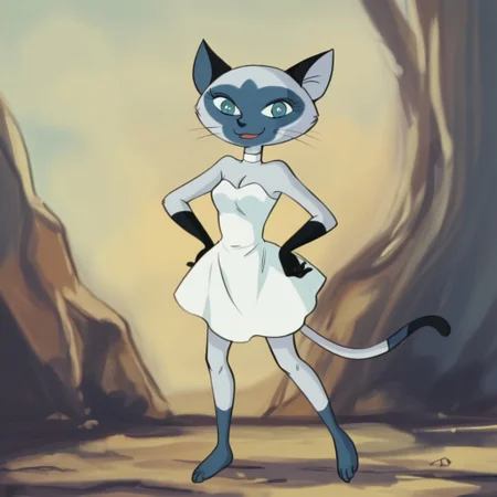 1girl, solo, cat girl, anthro, siamese, tail, shanet, white off-shoulder dress, black forearm, barefoot, standing, hands on hips looking at viewer, smiling