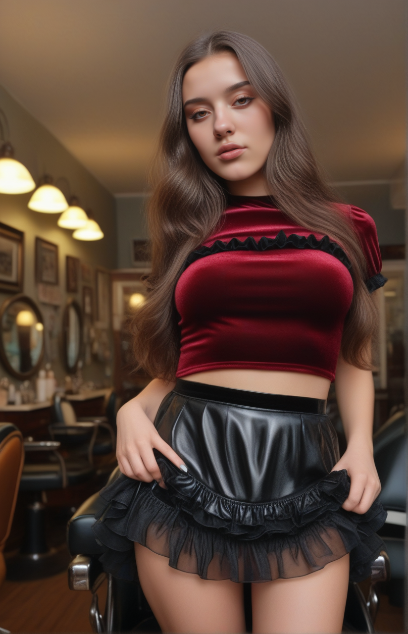 Stable_Yogis_PDXL_Positives <lora:Virtual_Babes_1_By_Stable_Yogi_SDXL8:0.8>
 88babes-girl88, long hair,  brown hair, realistic, brown eyes, face close up, red shirt, 
beautiful, realistic, real_life.
 (( wearing Velvet ruffled teddy top, Sheer chiffon high-low skirt ,  vintage barbershop with leather chairs ))