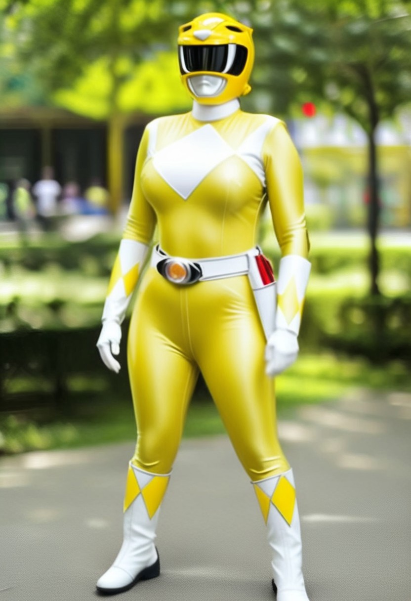 female yellow-power-ranger, alone, morphed, helmet, morphed, helmet, yellow catsuit, white gloves belt boots holster, standing square-on, in urban park, arms down by sides, full body photo, very-large-breasts, enormous-breasts, hyperdetailed photography