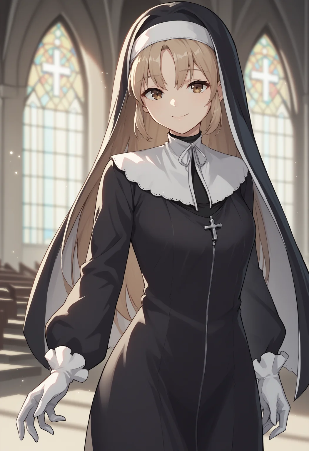 score_9, score_8_up, score_7_up, source_anime, sc1, long hair, brown eyes, light brown hair, parted bangs, nun, habit, dress, black dress, gloves, white gloves, zipper, smile, cowboy shot, church, backlighting, looking at viewer<lora:SisterClaireXLv2-13:1>