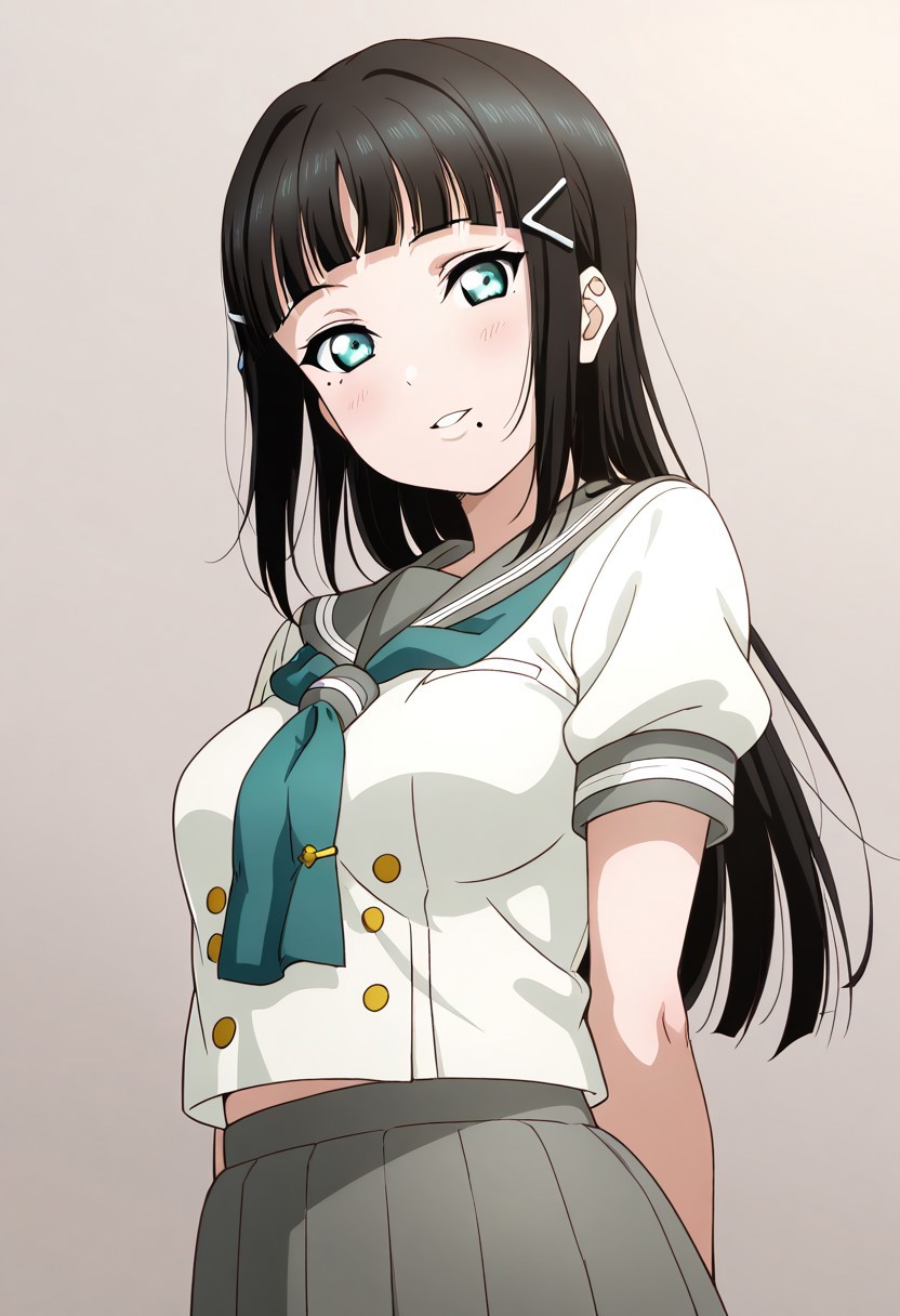 masterpiece, best quality, solo, 1girl, aged up, 
dia_kurosawa, long hair, bangs, black hair, hair ornament, green eyes, sidelocks, hairclip, blunt bangs, mole, mole under mouth, medium breasts, short sleeves, serafuku, socks, neckerchief, green neckerchief, , uranohoshi school uniform, upper body, happy