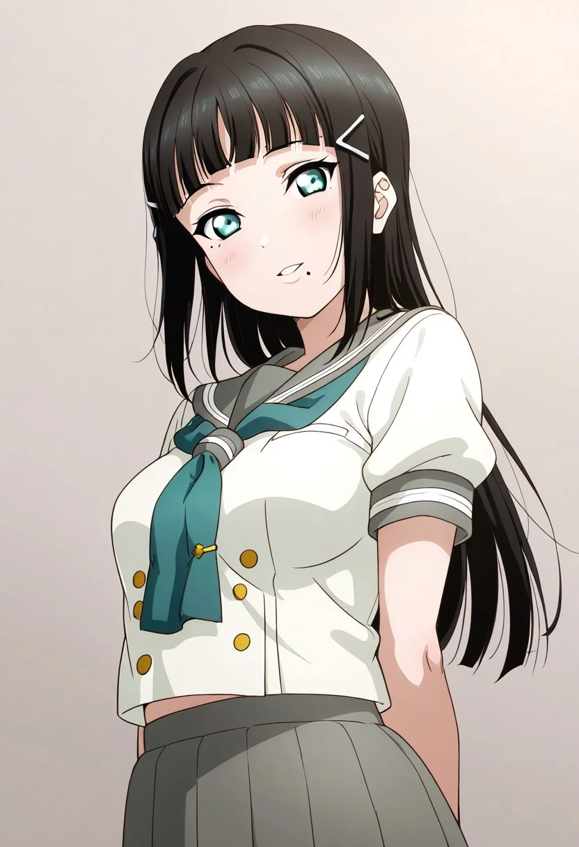 masterpiece, best quality, solo, 1girl, aged up, 
dia_kurosawa, long hair, bangs, black hair, hair ornament, green eyes, sidelocks, hairclip, blunt bangs, mole, mole under mouth, medium breasts, short sleeves, serafuku, socks, neckerchief, green neckerchief, , uranohoshi school uniform, upper body, happy