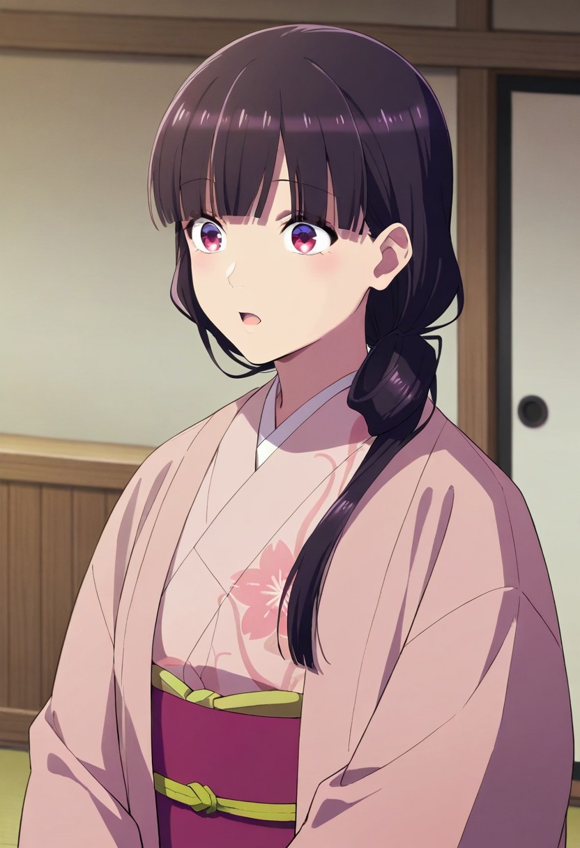 masterpiece,best quality,amazing quality, saimori miyo, dark purple hair, purple-pink eyes, long hair, blunt bangs, 1girl, japanese clothes, kimono, solo, indoors, hair over shoulder, obi, open mouth, upper body, sash, haori