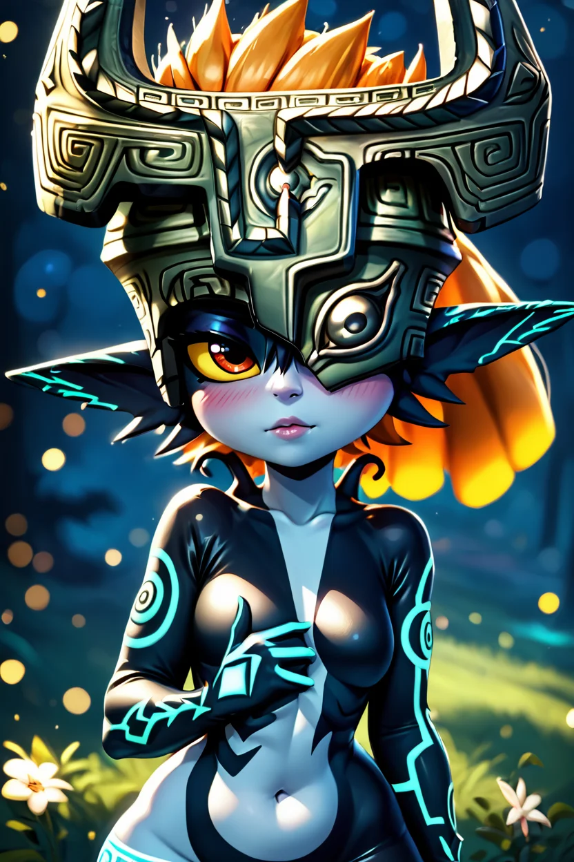 score_9, score_8_up, score_8, (curvy), cute, eyelashes,       BREAK, , zzMidna, colored skin, pointy ears, orange hair, helmet, multicolored skin, two-tone skin, yellow sclera, one eye covered, shortstack,  <lora:MidnaZelda_PDXL:0.8>,, BREAK,  (ultra realistic,32k, masterpiece:1.2),(high detailed skin:1.1),( high quality:1.1), curvy, head tilt, hearts, blush, lips, closed mouth, curvy, head tilt, shiny clothes, (upper body), looking at viewer, bokeh, luminescent background, ,,, embedding:zPDXL, Expressiveh, ,,, <lora:RlAnmPDXL:1.0>,