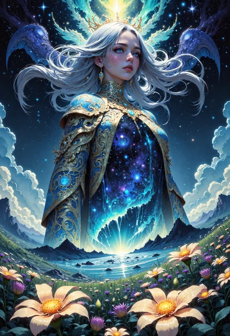 (in Otomo Katsuhiro style:1.2), masterpiece, high-quality, A mystical woman embodying the essence of the cosmos, her attire a celestial robe adorned with shifting patterns of stars and nebulae, Her hair flows like threads of the aurora borealis interwoven with glittering stardust, upper-body portrait, The light source is an ethereal glow radiating from a nearby supernova, The background depicts a surreal field of glowing flowers blooming in the void of space, (elaborate fine details:1.1), (hyperdetailed:1.1), (intricate details:1.0), (Refined details:1.1), (best quality:1.1), (high resolution:1.2), <lora:FLUX\VividlySurrealV2:0.6> <lora:FLUX\RIDD_FluxMedian:0.6>