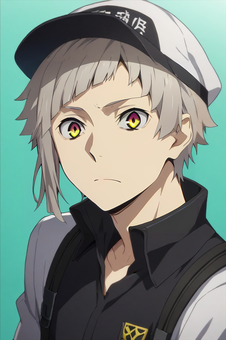 score_9, score_8_up, score_7_up, source_anime, , , , , 1boy, solo, male focus, <lora:atsushi_nakajima_pony:0.82>, atsushi_nakajima, grey hair, yellow eyes, multicolored eyes, purple eyes, short hair, , golf cap, science fiction cyber-horror, , <lora:sdxl_lightning_8step_lora:1>