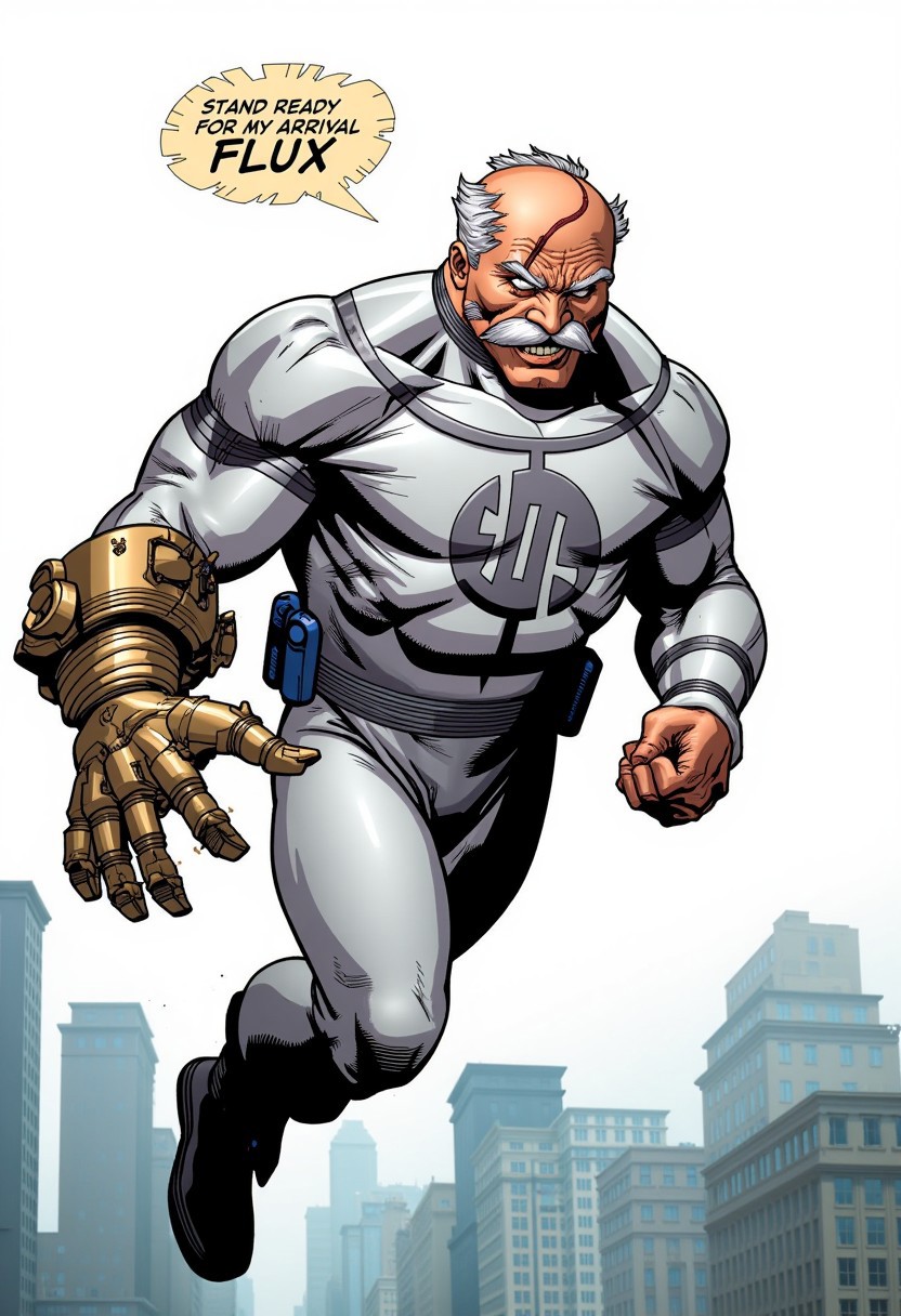Comic style illustration featuring C0nq-FLUX, old muscular man with right mechanical hand, scar across his face and blind right eye, dressed in a sleek, silver armor-like suit with a high-tech aesthetic. flying above the cityscape with a speach bubble with text that reads "Stand Ready for my Arrival FLUX"