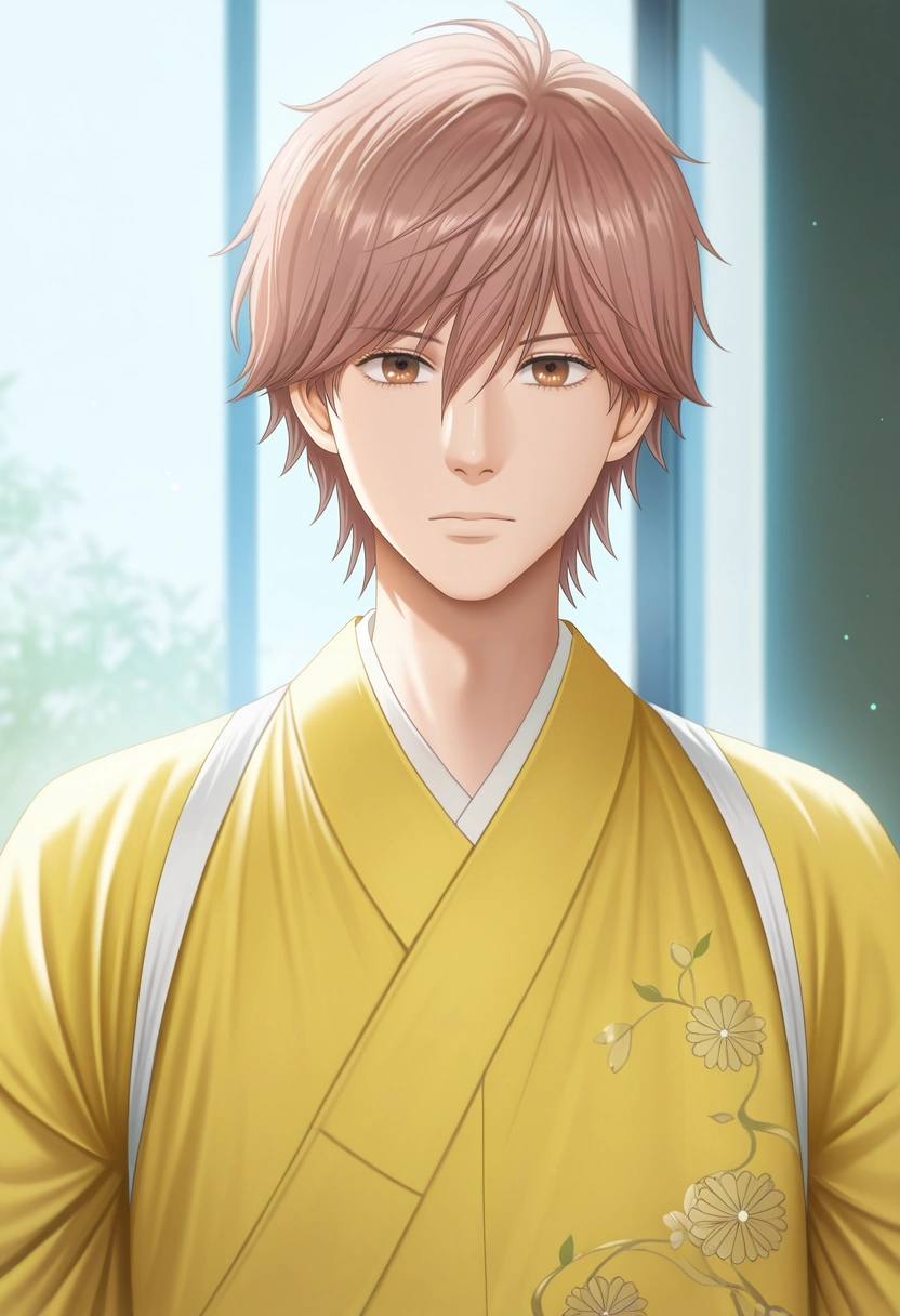 masterpiece, best quality, intricate details, semi-realistic, looking at viewer, 1boy, solo, male focus, <lora:taichi_mashima_ilxl:0.92>, taichi_mashima, brown hair, brown eyes, short hair, bangs, hair between eyes, yellow kimono,