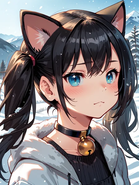 (upper body, solo focus:1.1) <lora:happy_tentacle-halloweengirl-v0.1-000045:1>, ht_halloweengirl, (flat chest:0.8), black hair, blue eyes, choker, neck bell, jingle bell, twintails, cat ears, cat tail (petite:1.2), ( :1.1) ( , , ( aroused :1.2) , , (looking at another:1.2) :1) , outdoors, vegetation, ( :1.1), winter, snow , (day :0.6), , (:0.5), , ( :0.9), (mountainous horizon :1.2) ( :0.8) score_9, score_8_up, score_7_up, score_6_up, score_5_up, score_4_up, ( [(realistic, photorealistic:1.3):(realistic:1.2):16] [(3d:1.2)::14] :1) <lora:LUUNA's Lunas-NijiJourney-SDXL-B2:0.35>, nijijourney <lora:prgfrg23's Counterfeit-V3.0 Style SDXL_LoRA_Pony Diffusion V6 XL:0.5> <lora:mfcg's mfcgXL:0.12> <lora:reweik's gyokai(himehajime)_PonyXL_style_v01:0.14>