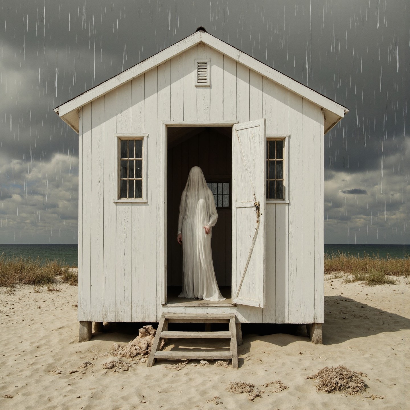 Expressionism, magnificent Czech female ethereal ghost standing in the doorway of a beach hut on a beach, raining, (white-tinted:0.5), very detailed, intricate, apocalyptic, taupe marbled design (with taupe details:0.5). <lora:Flux_White_SaMay:0.7> <lora:Hand v2:0.7>