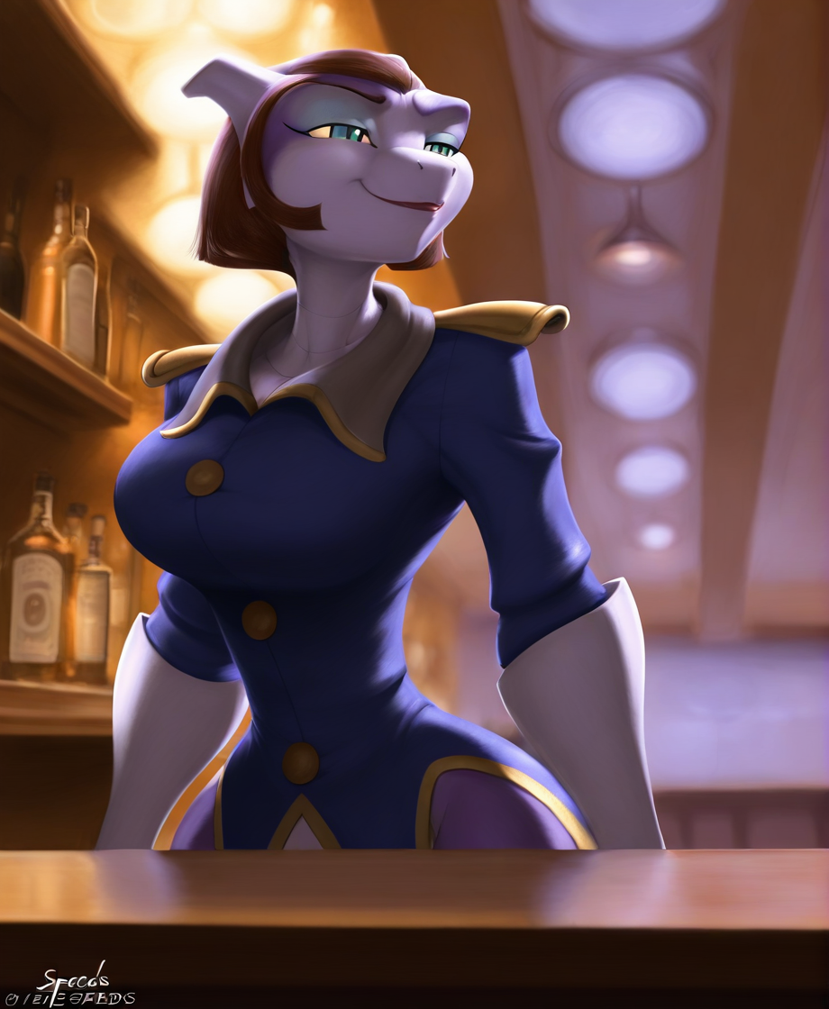 solo, captain amelia, green eyes, mewtwo, female, anthro, pokemon \(species\), generation 1 pokemon, uniform, smile, big breasts, wide hips, piunp, by jindragowolf,by speeds, detailed background, bar, inside, highly detailed, best quality, cinematic lighting, photorealistic, <lora:CaptainAmeliaXL_02-Noob-nd32-na32-lr2-ep20:1>