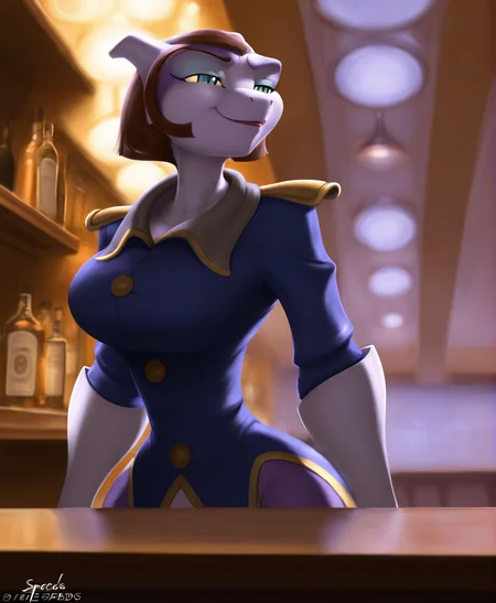 solo, captain amelia, green eyes, mewtwo, female, anthro, pokemon \(species\), generation 1 pokemon, uniform, smile, big breasts, wide hips, piunp, by jindragowolf,by speeds, detailed background, bar, inside, highly detailed, best quality, cinematic lighting, photorealistic, <lora:CaptainAmeliaXL_02-Noob-nd32-na32-lr2-ep20:1>